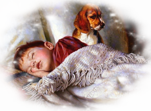 kind slaapt met hondje naast bed